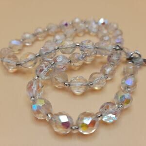 Vintage Clear Fire Polished Czech Bead Necklace, 19 Inch, 8mm AB Clear Crystal